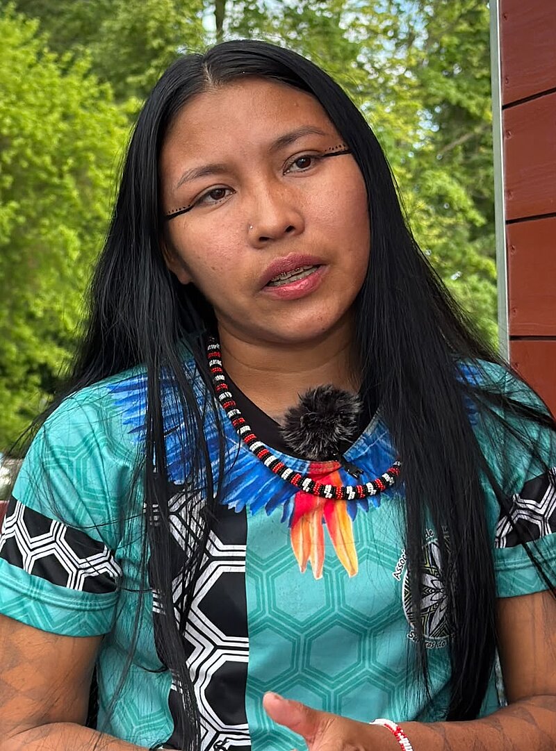 Eine junge brasilianische Frau  mit langen schwarzen Haaren und dem traditionellen Schmuck der Munduruku