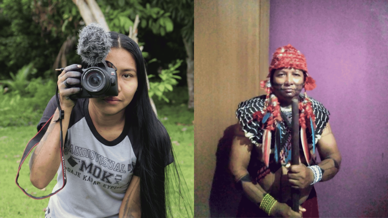 Links eine jung Frau mit Kamera. rechts ein junger Mann in indigener Tracht der Munduruku